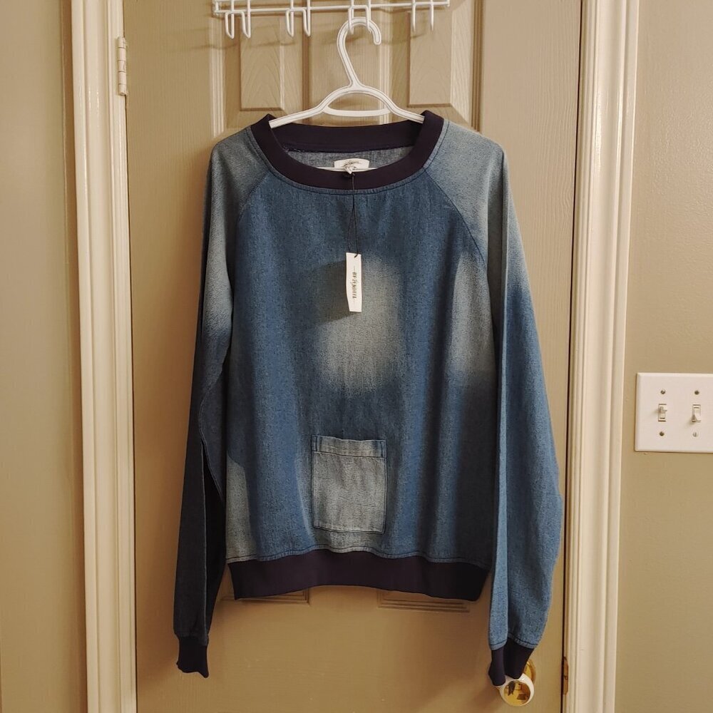 NWT DAYA BY ZENDAYA BOAT NECK BLUE DENIM DISTRESSED LOOK TOP SIZE SMALL